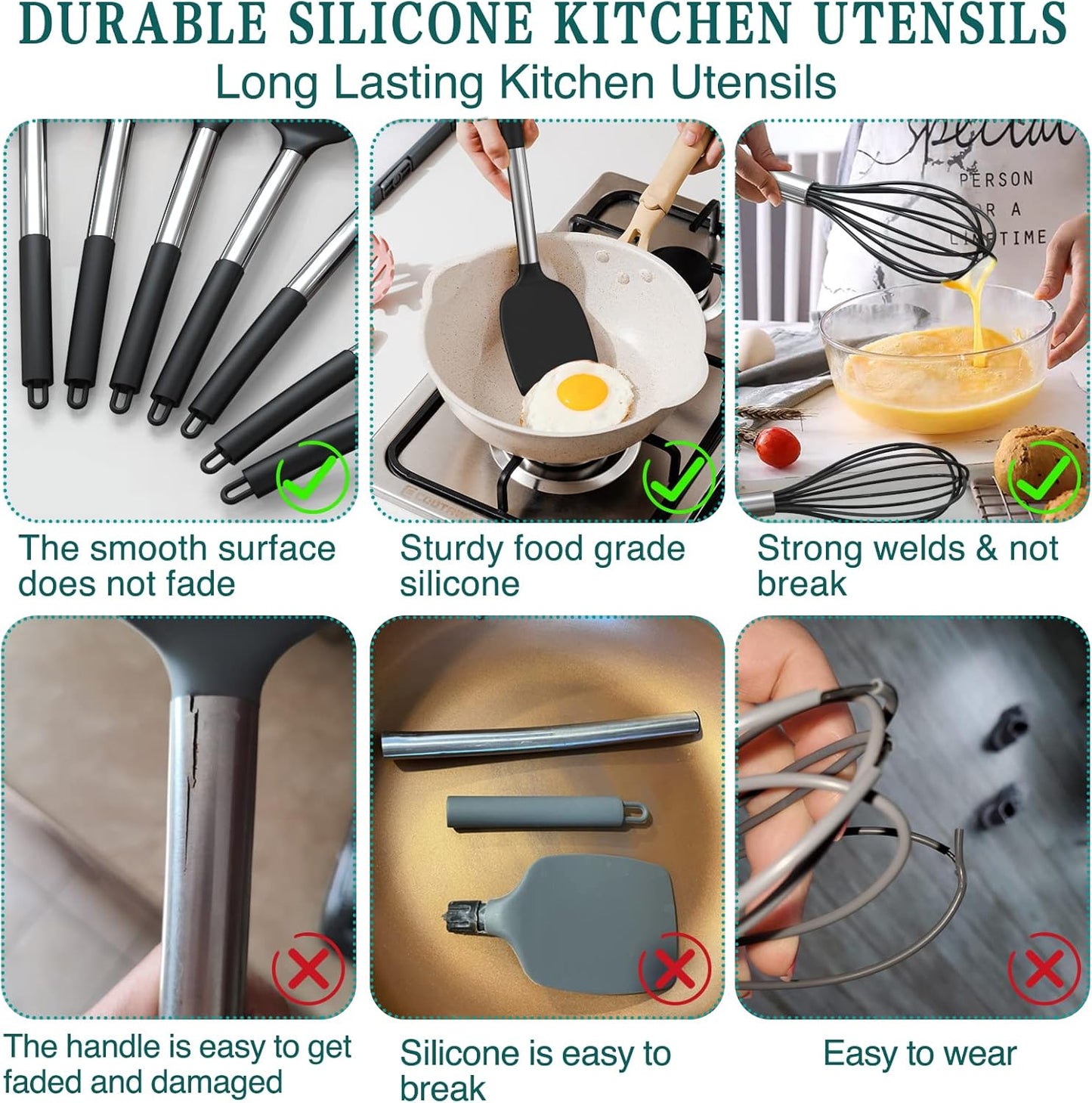 Silicone Cooking Utensil Set, 15pcs Silicone Cooking Kitchen Utensils Set, Non-stick - Best Kitchen Cookware with Stainless Steel Handle - Black Kitchen Utensils