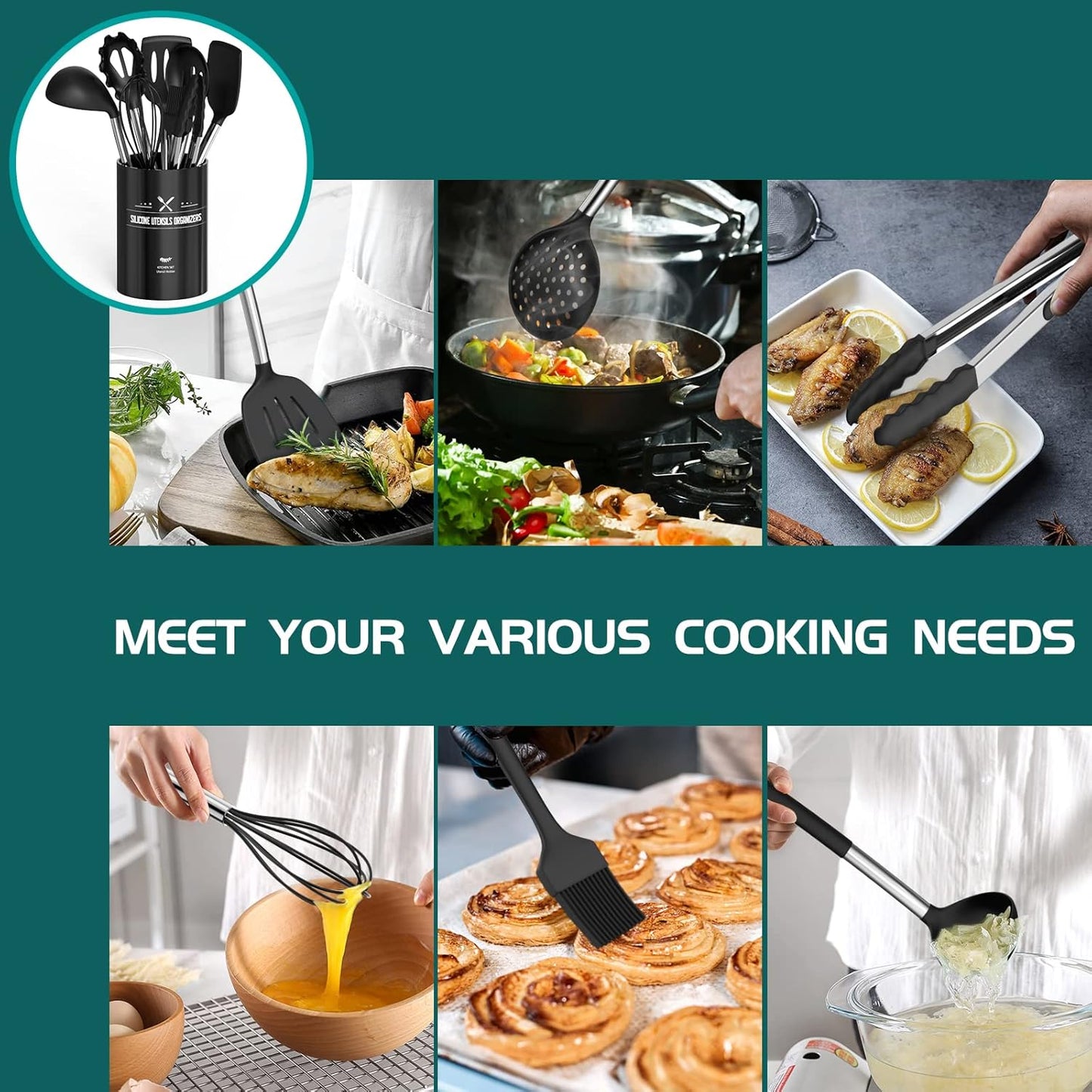 Silicone Cooking Utensil Set, 15pcs Silicone Cooking Kitchen Utensils Set, Non-stick - Best Kitchen Cookware with Stainless Steel Handle - Black Kitchen Utensils