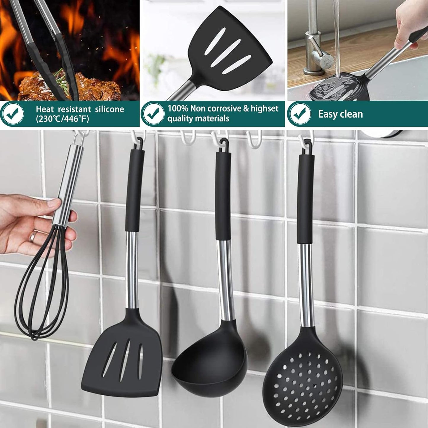 Silicone Cooking Utensil Set, 15pcs Silicone Cooking Kitchen Utensils Set, Non-stick - Best Kitchen Cookware with Stainless Steel Handle - Black Kitchen Utensils