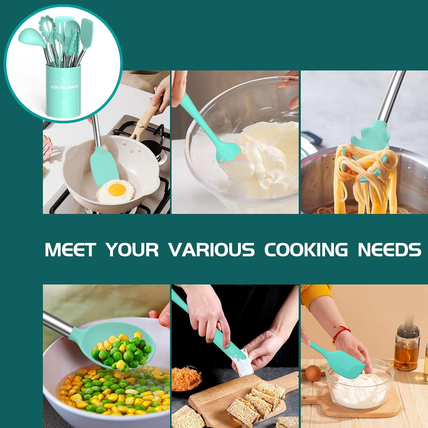 Silicone Cooking Utensil Set, 15pcs Silicone Cooking Kitchen Utensils Set, Non-stick - Best Kitchen Cookware with Stainless Steel Handle - Black Kitchen Utensils