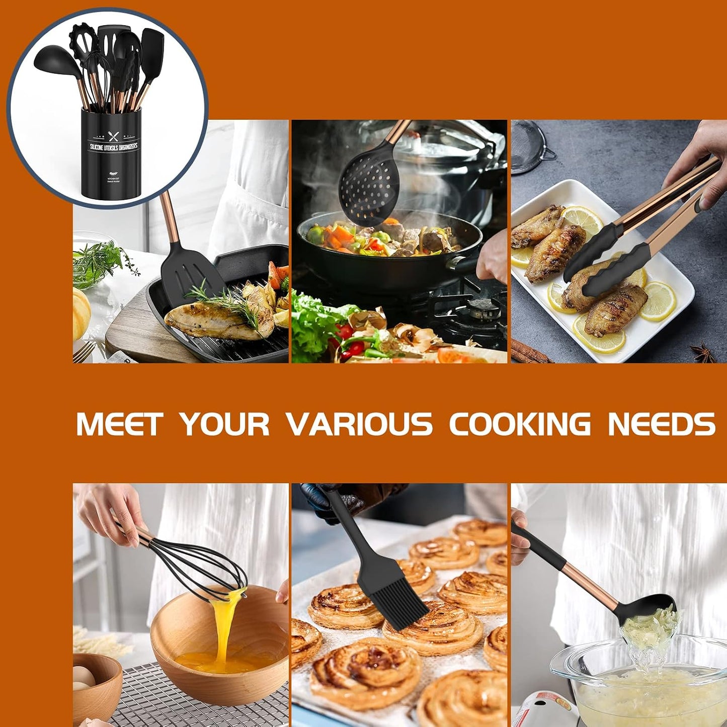 Silicone Cooking Utensil Set, 15pcs Silicone Cooking Kitchen Utensils Set, Non-stick - Best Kitchen Cookware with Stainless Steel Handle - Black Kitchen Utensils