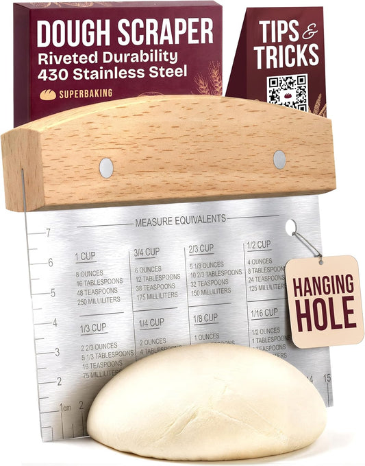 6" Wooden Dough Scraper Bench Scraper | Dough Cutter with Ruler, Pastry & Cake Scraper, Sourdough Baking Supplies, Bread Making Tools & Accessories