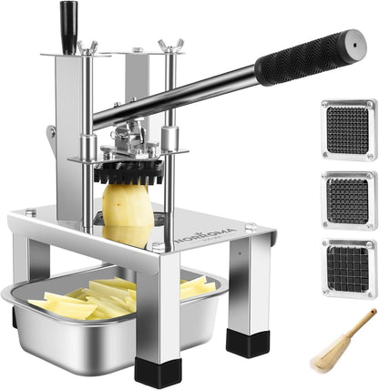 French Fry Cutter for Potatoes, Heavy Duty 304 Stainless Steel, 5-in-1 Set | Commercial Potato Cutter, 3 Blades 1/2", 3/8", 1/4", Stainless Bowl & Brush, Manual Vegetable Chopper, Home & Restaurant