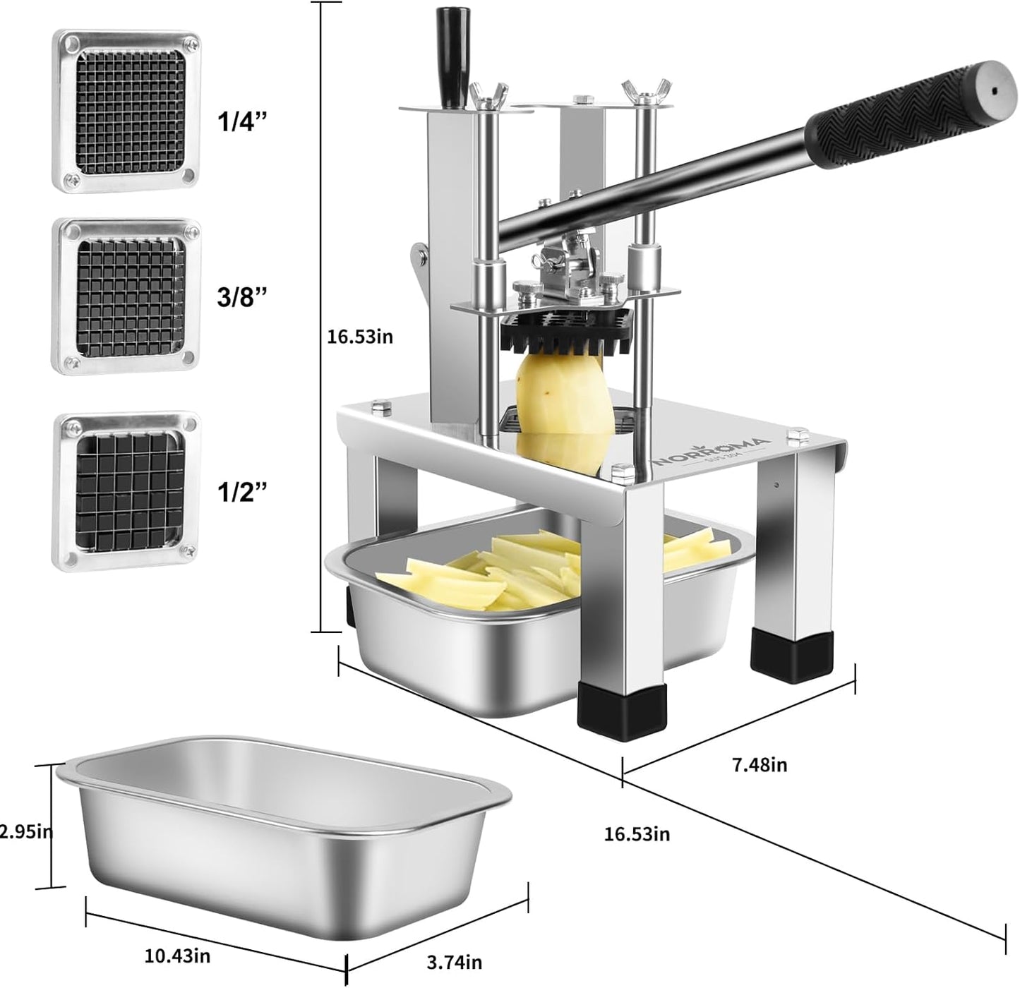 French Fry Cutter for Potatoes, Heavy Duty 304 Stainless Steel, 5-in-1 Set | Commercial Potato Cutter, 3 Blades 1/2", 3/8", 1/4", Stainless Bowl & Brush, Manual Vegetable Chopper, Home & Restaurant