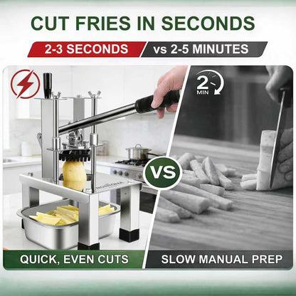 French Fry Cutter for Potatoes, Heavy Duty 304 Stainless Steel, 5-in-1 Set | Commercial Potato Cutter, 3 Blades 1/2", 3/8", 1/4", Stainless Bowl & Brush, Manual Vegetable Chopper, Home & Restaurant