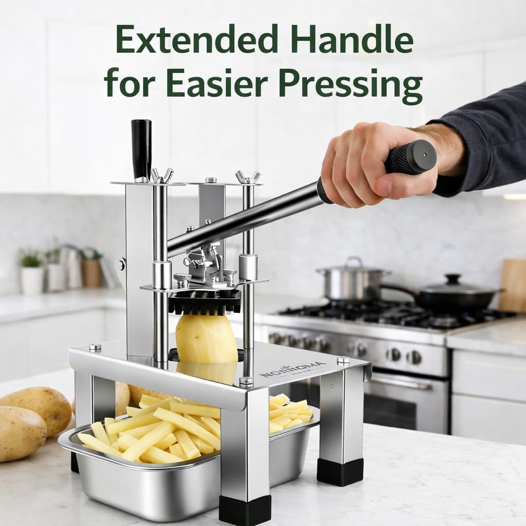 French Fry Cutter for Potatoes, Heavy Duty 304 Stainless Steel, 5-in-1 Set | Commercial Potato Cutter, 3 Blades 1/2", 3/8", 1/4", Stainless Bowl & Brush, Manual Vegetable Chopper, Home & Restaurant