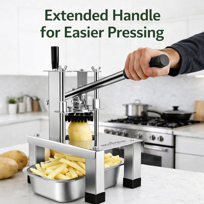 French Fry Cutter for Potatoes, Heavy Duty 304 Stainless Steel, 5-in-1 Set | Commercial Potato Cutter, 3 Blades 1/2", 3/8", 1/4", Stainless Bowl & Brush, Manual Vegetable Chopper, Home & Restaurant