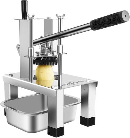 French Fry Cutter for Potatoes, Heavy Duty 304 Stainless Steel, 5-in-1 Set | Commercial Potato Cutter, 3 Blades 1/2", 3/8", 1/4", Stainless Bowl & Brush, Manual Vegetable Chopper, Home & Restaurant