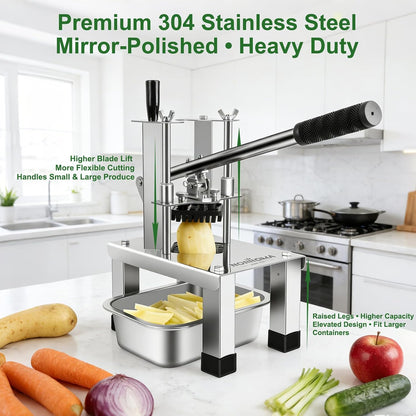 French Fry Cutter for Potatoes, Heavy Duty 304 Stainless Steel, 5-in-1 Set | Commercial Potato Cutter, 3 Blades 1/2", 3/8", 1/4", Stainless Bowl & Brush, Manual Vegetable Chopper, Home & Restaurant