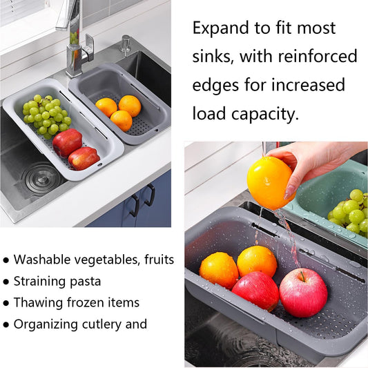 Extendable Over the Sink Colander Strainer Basket SpaceSaving Plastic Kitchen Drainer for Washing Vegetables Fruits Draining Pasta Dish Rack NonSlip Design Hanging New Home Kitchen Essentials Black
