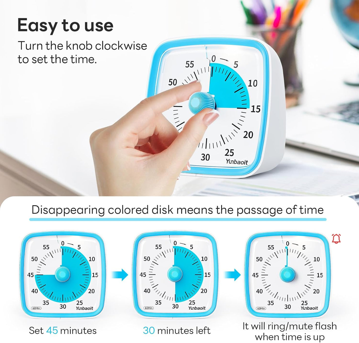 Visual Timer with Night Light, 60 Minute Countdown, Light Blue | 3 Alarm Modes, Mute Flash, for Kids and Adults, Time Management Tool for Classroom, Home, School, and Work