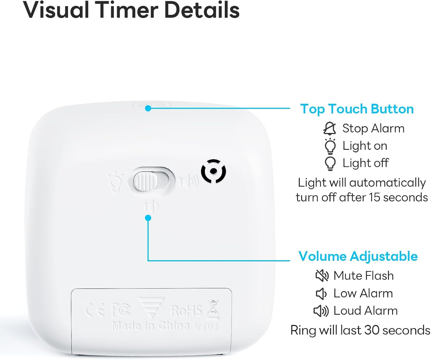 Visual Timer with Night Light, 60 Minute Countdown, Light Blue | 3 Alarm Modes, Mute Flash, for Kids and Adults, Time Management Tool for Classroom, Home, School, and Work
