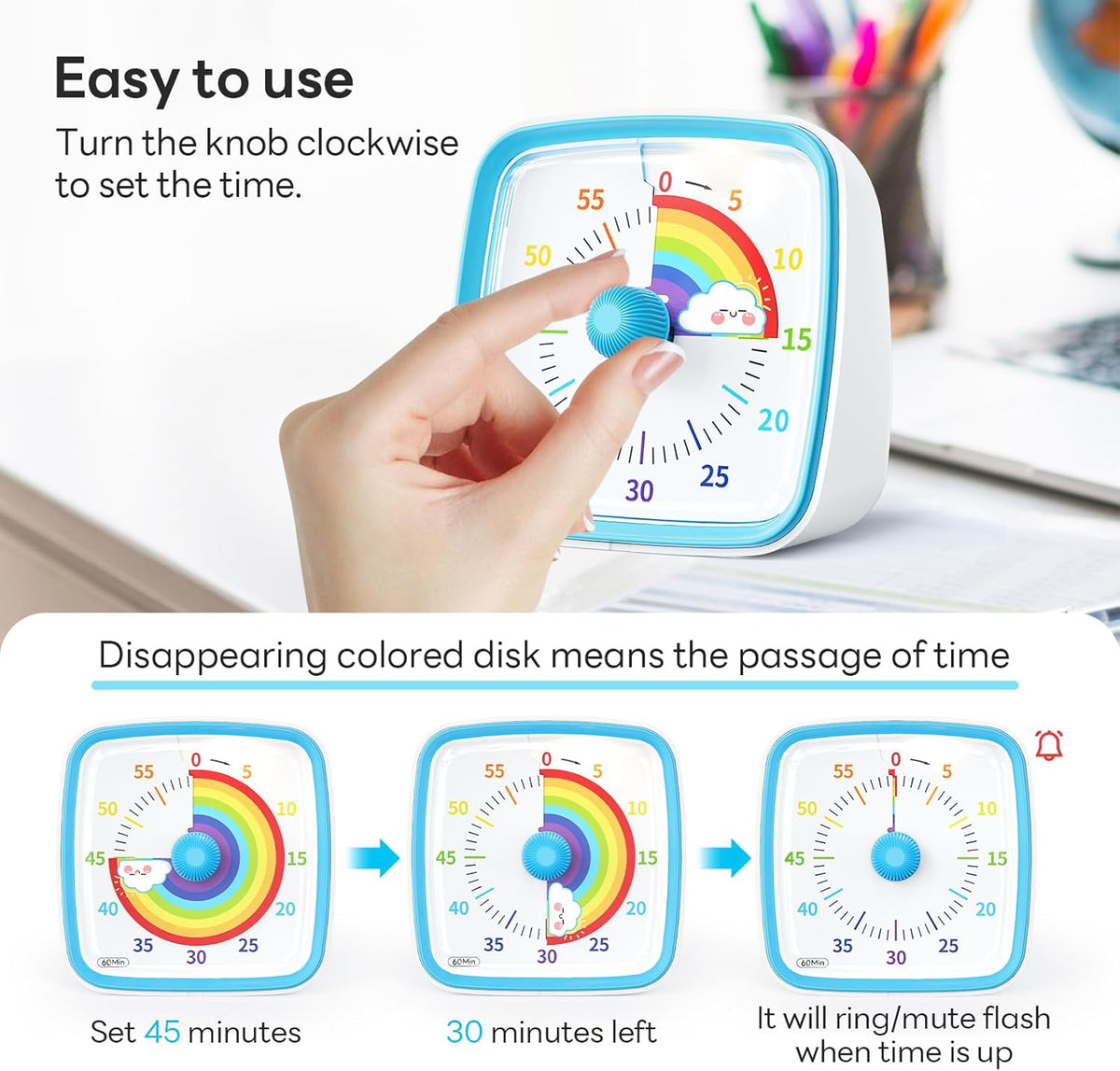 Visual Timer with Night Light, 60 Minute Countdown, Light Blue | 3 Alarm Modes, Mute Flash, for Kids and Adults, Time Management Tool for Classroom, Home, School, and Work