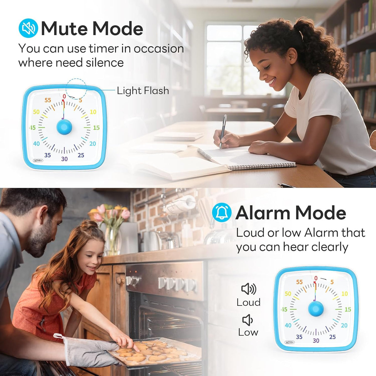 Visual Timer with Night Light, 60 Minute Countdown, Light Blue | 3 Alarm Modes, Mute Flash, for Kids and Adults, Time Management Tool for Classroom, Home, School, and Work