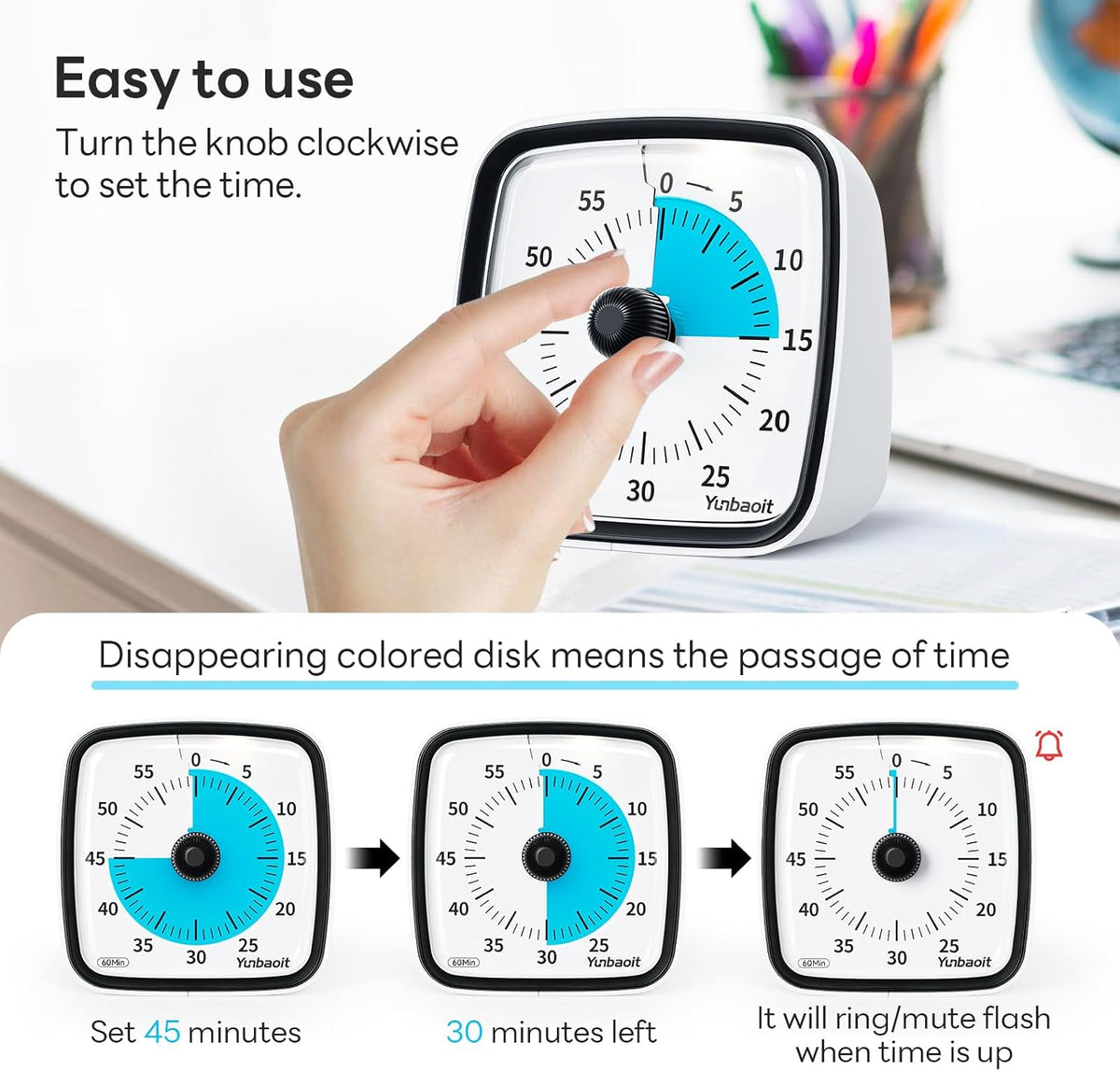 Visual Timer with Night Light, 60 Minute Countdown, Light Blue | 3 Alarm Modes, Mute Flash, for Kids and Adults, Time Management Tool for Classroom, Home, School, and Work