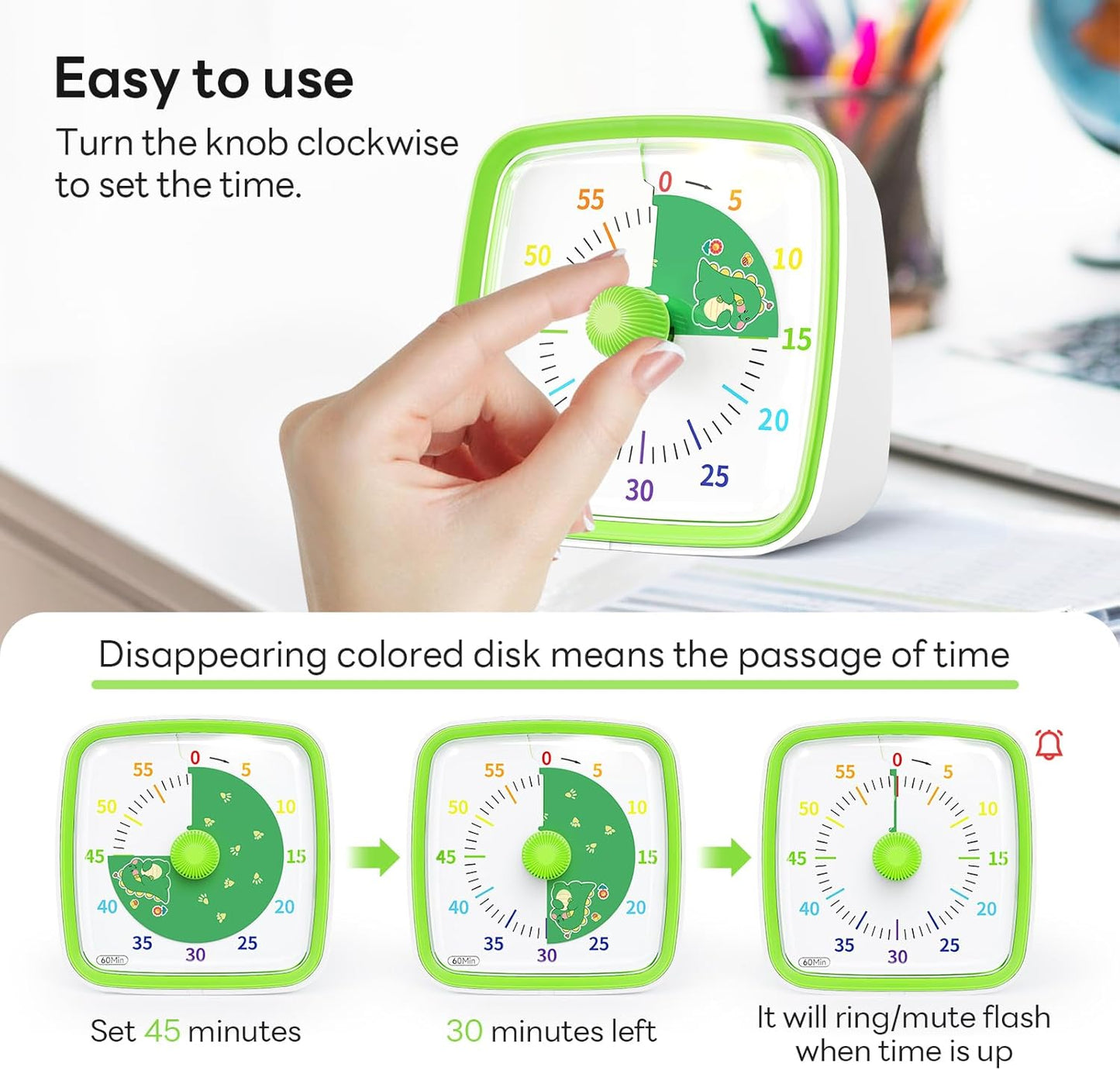Visual Timer with Night Light, 60 Minute Countdown, Light Blue | 3 Alarm Modes, Mute Flash, for Kids and Adults, Time Management Tool for Classroom, Home, School, and Work