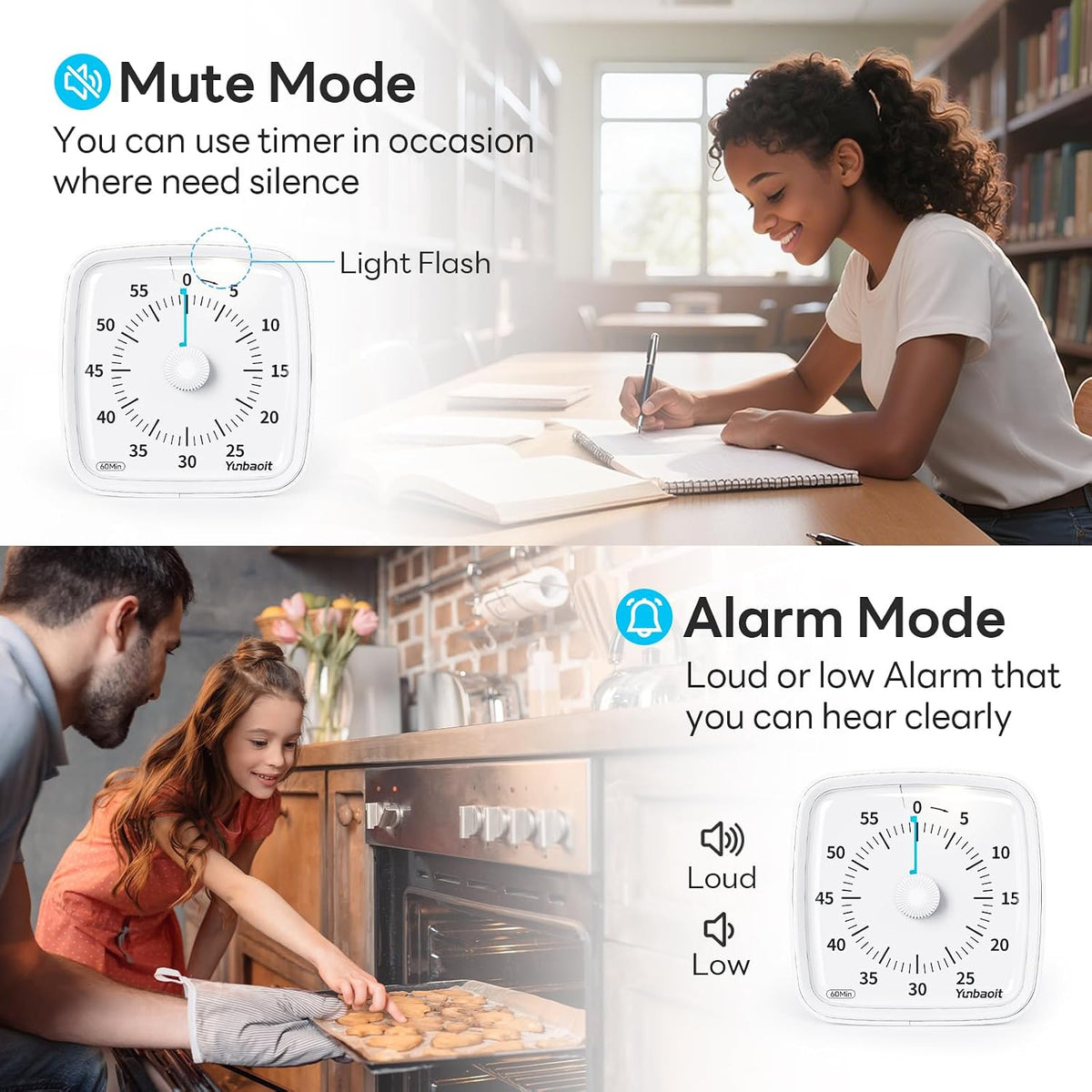 Visual Timer with Night Light, 60 Minute Countdown, Light Blue | 3 Alarm Modes, Mute Flash, for Kids and Adults, Time Management Tool for Classroom, Home, School, and Work