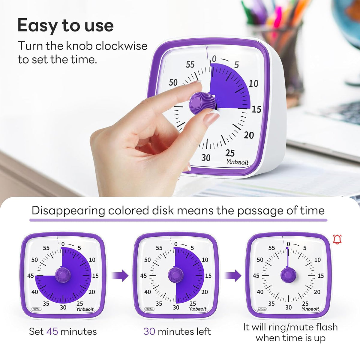 Visual Timer with Night Light, 60 Minute Countdown, Light Blue | 3 Alarm Modes, Mute Flash, for Kids and Adults, Time Management Tool for Classroom, Home, School, and Work
