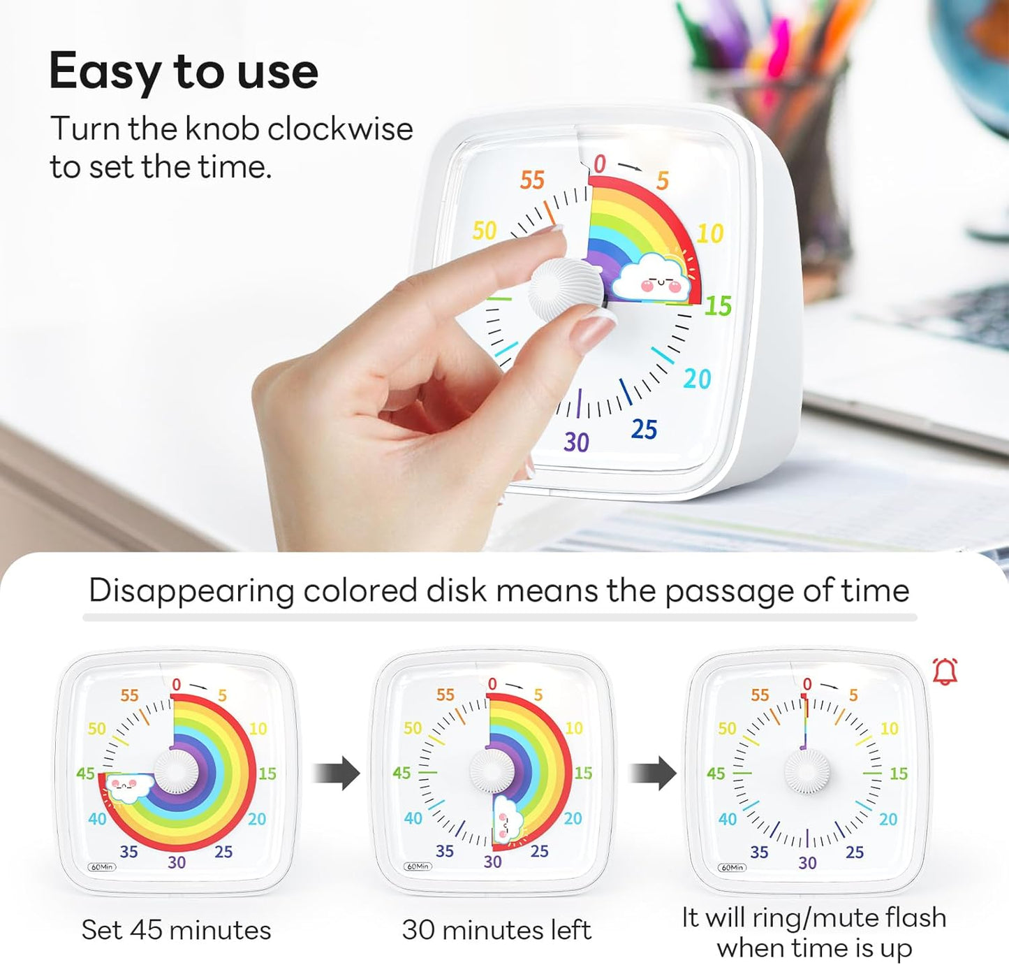 Visual Timer with Night Light, 60 Minute Countdown, Light Blue | 3 Alarm Modes, Mute Flash, for Kids and Adults, Time Management Tool for Classroom, Home, School, and Work