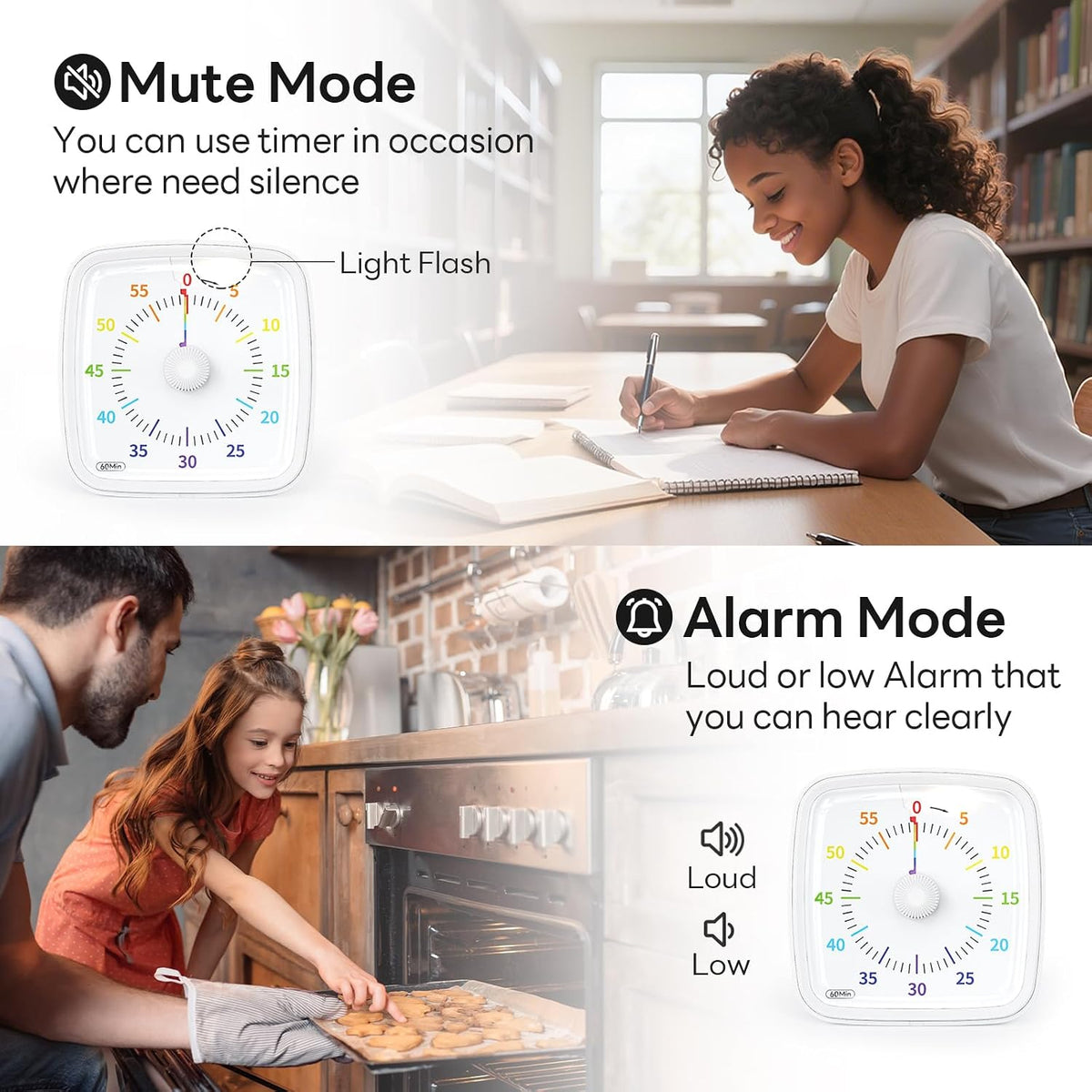 Visual Timer with Night Light, 60 Minute Countdown, Light Blue | 3 Alarm Modes, Mute Flash, for Kids and Adults, Time Management Tool for Classroom, Home, School, and Work