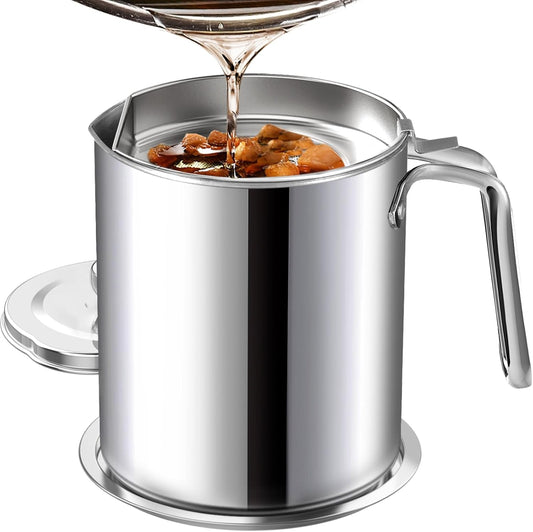 Grease Container Stainless Steel 2L / 67.6 fl oz Fine Mesh Strainer | Easy to Clean Large Spout Bacon Grease Saver Cooking Oil Keeper Stoarge Can with Dust-proof Lid Non-slip Tray Kitchen Frying