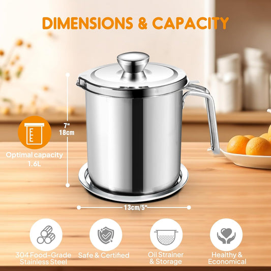 Grease Container Stainless Steel 2L / 67.6 fl oz Fine Mesh Strainer | Easy to Clean Large Spout Bacon Grease Saver Cooking Oil Keeper Stoarge Can with Dust-proof Lid Non-slip Tray Kitchen Frying