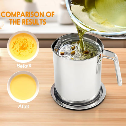 Grease Container Stainless Steel 2L / 67.6 fl oz Fine Mesh Strainer | Easy to Clean Large Spout Bacon Grease Saver Cooking Oil Keeper Stoarge Can with Dust-proof Lid Non-slip Tray Kitchen Frying