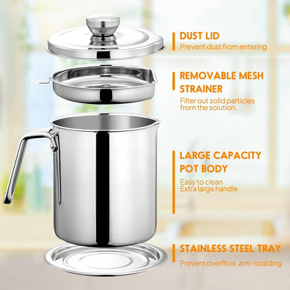 Grease Container Stainless Steel 2L / 67.6 fl oz Fine Mesh Strainer | Easy to Clean Large Spout Bacon Grease Saver Cooking Oil Keeper Stoarge Can with Dust-proof Lid Non-slip Tray Kitchen Frying