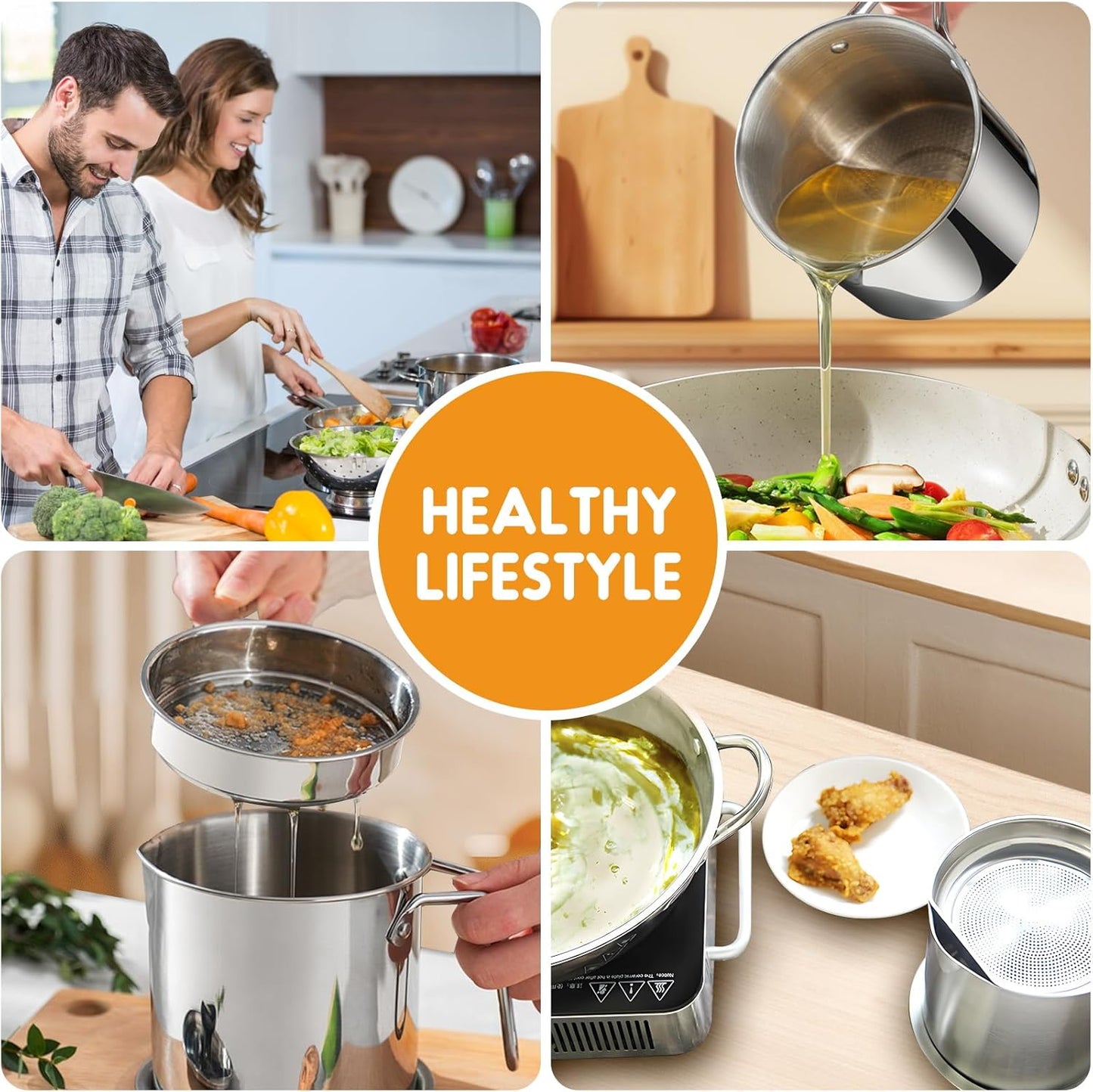 Grease Container Stainless Steel 2L / 67.6 fl oz Fine Mesh Strainer | Easy to Clean Large Spout Bacon Grease Saver Cooking Oil Keeper Stoarge Can with Dust-proof Lid Non-slip Tray Kitchen Frying