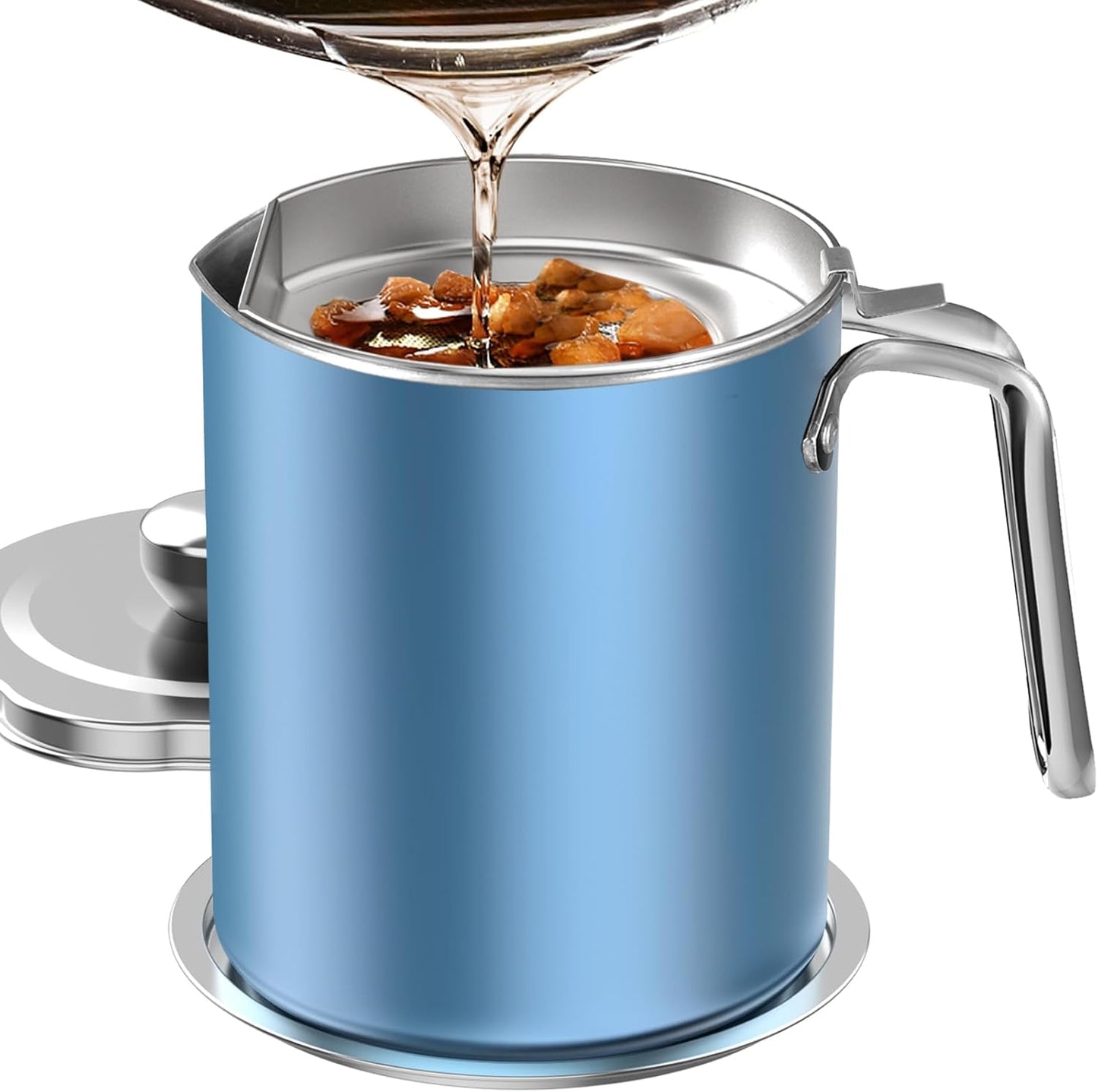 Grease Container Stainless Steel 2L / 67.6 fl oz Fine Mesh Strainer | Easy to Clean Large Spout Bacon Grease Saver Cooking Oil Keeper Stoarge Can with Dust-proof Lid Non-slip Tray Kitchen Frying