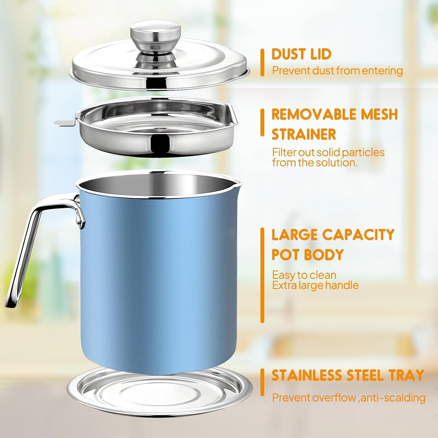 Grease Container Stainless Steel 2L / 67.6 fl oz Fine Mesh Strainer | Easy to Clean Large Spout Bacon Grease Saver Cooking Oil Keeper Stoarge Can with Dust-proof Lid Non-slip Tray Kitchen Frying