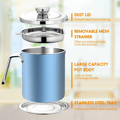Grease Container Stainless Steel 2L / 67.6 fl oz Fine Mesh Strainer | Easy to Clean Large Spout Bacon Grease Saver Cooking Oil Keeper Stoarge Can with Dust-proof Lid Non-slip Tray Kitchen Frying