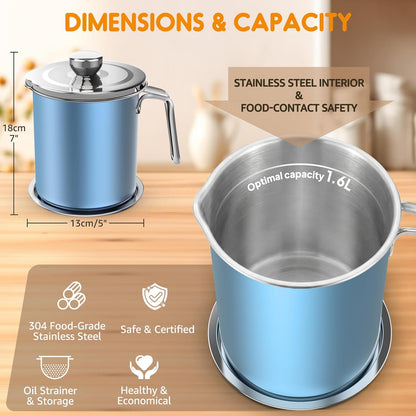 Grease Container Stainless Steel 2L / 67.6 fl oz Fine Mesh Strainer | Easy to Clean Large Spout Bacon Grease Saver Cooking Oil Keeper Stoarge Can with Dust-proof Lid Non-slip Tray Kitchen Frying