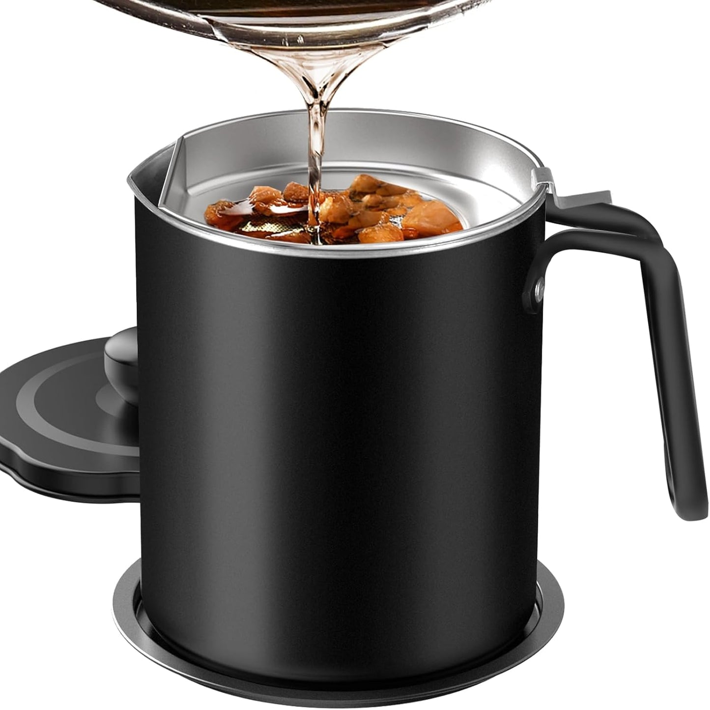 Grease Container Stainless Steel 2L / 67.6 fl oz Fine Mesh Strainer | Easy to Clean Large Spout Bacon Grease Saver Cooking Oil Keeper Stoarge Can with Dust-proof Lid Non-slip Tray Kitchen Frying