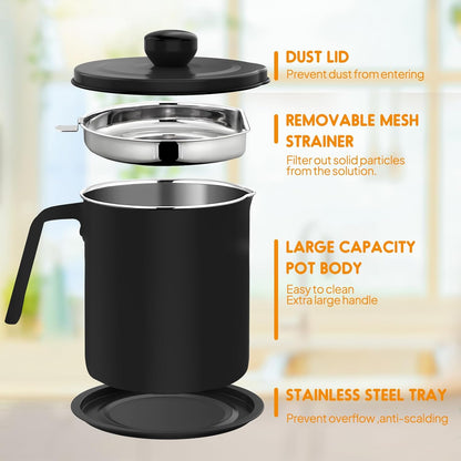 Grease Container Stainless Steel 2L / 67.6 fl oz Fine Mesh Strainer | Easy to Clean Large Spout Bacon Grease Saver Cooking Oil Keeper Stoarge Can with Dust-proof Lid Non-slip Tray Kitchen Frying