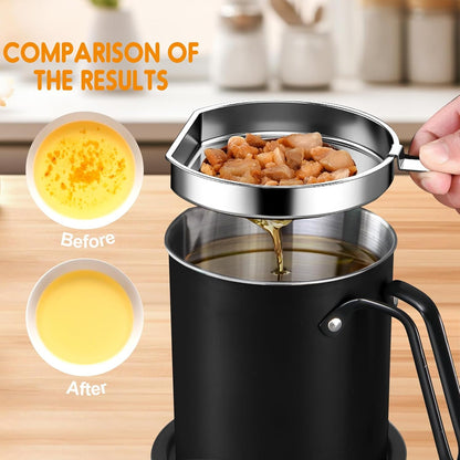 Grease Container Stainless Steel 2L / 67.6 fl oz Fine Mesh Strainer | Easy to Clean Large Spout Bacon Grease Saver Cooking Oil Keeper Stoarge Can with Dust-proof Lid Non-slip Tray Kitchen Frying