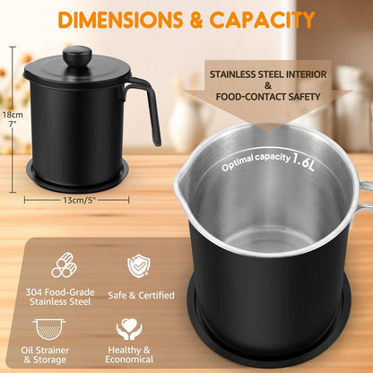 Grease Container Stainless Steel 2L / 67.6 fl oz Fine Mesh Strainer | Easy to Clean Large Spout Bacon Grease Saver Cooking Oil Keeper Stoarge Can with Dust-proof Lid Non-slip Tray Kitchen Frying