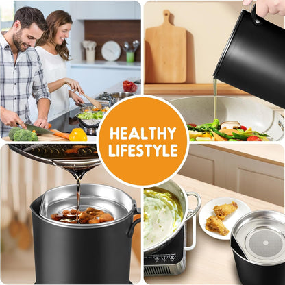 Grease Container Stainless Steel 2L / 67.6 fl oz Fine Mesh Strainer | Easy to Clean Large Spout Bacon Grease Saver Cooking Oil Keeper Stoarge Can with Dust-proof Lid Non-slip Tray Kitchen Frying
