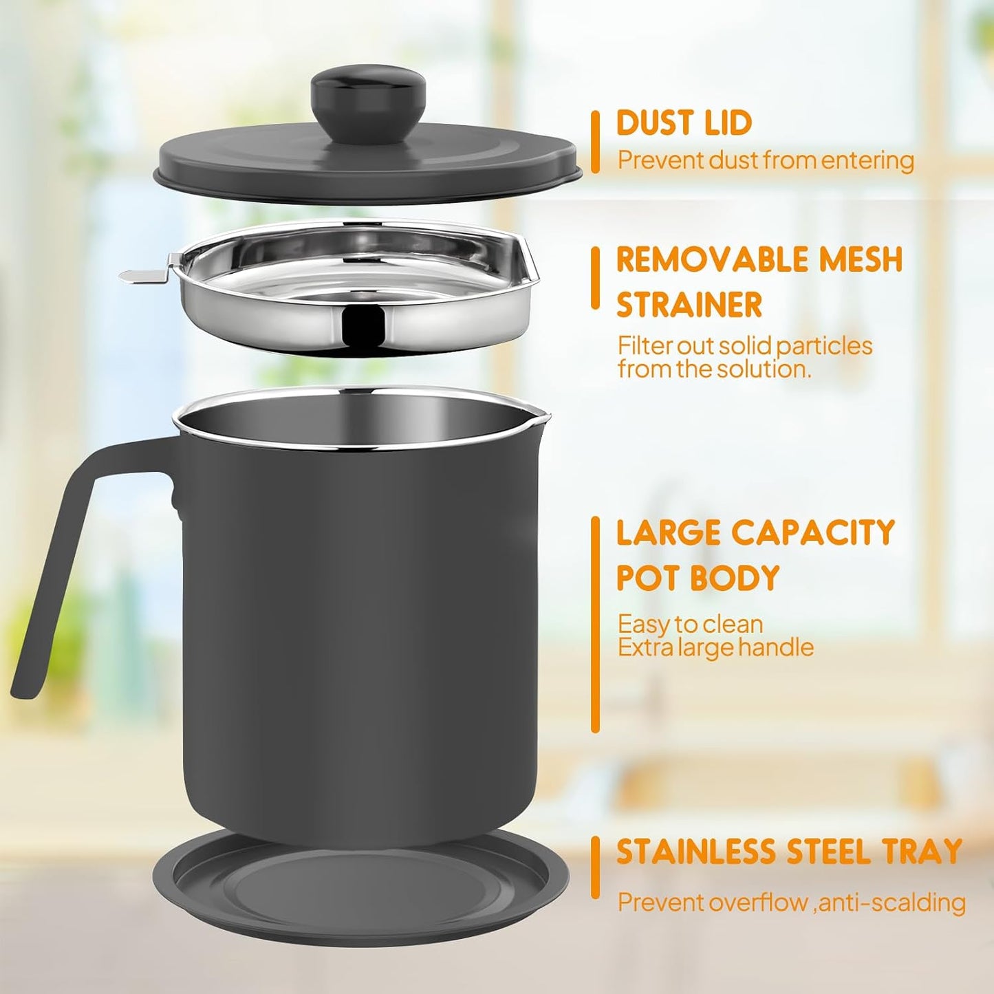 Grease Container Stainless Steel 2L / 67.6 fl oz Fine Mesh Strainer | Easy to Clean Large Spout Bacon Grease Saver Cooking Oil Keeper Stoarge Can with Dust-proof Lid Non-slip Tray Kitchen Frying