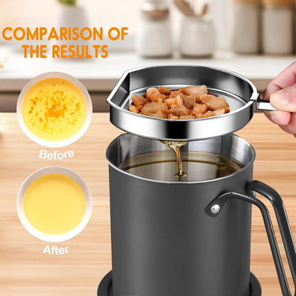 Grease Container Stainless Steel 2L / 67.6 fl oz Fine Mesh Strainer | Easy to Clean Large Spout Bacon Grease Saver Cooking Oil Keeper Stoarge Can with Dust-proof Lid Non-slip Tray Kitchen Frying