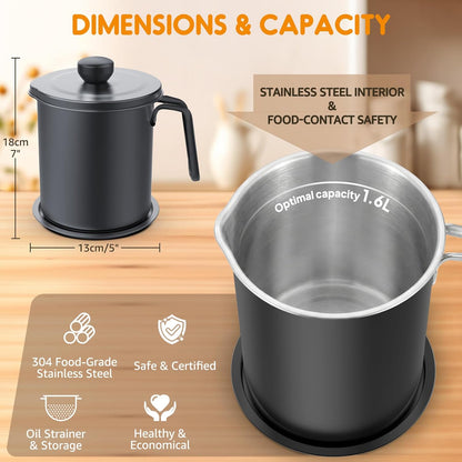 Grease Container Stainless Steel 2L / 67.6 fl oz Fine Mesh Strainer | Easy to Clean Large Spout Bacon Grease Saver Cooking Oil Keeper Stoarge Can with Dust-proof Lid Non-slip Tray Kitchen Frying