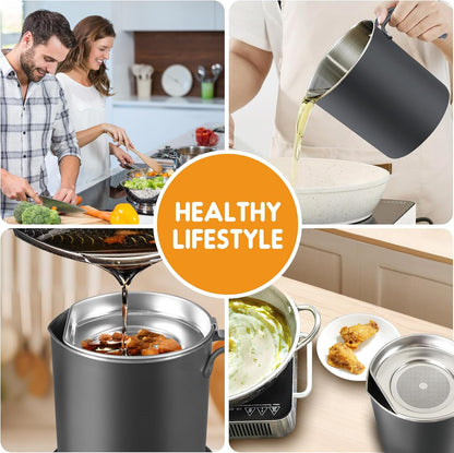 Grease Container Stainless Steel 2L / 67.6 fl oz Fine Mesh Strainer | Easy to Clean Large Spout Bacon Grease Saver Cooking Oil Keeper Stoarge Can with Dust-proof Lid Non-slip Tray Kitchen Frying