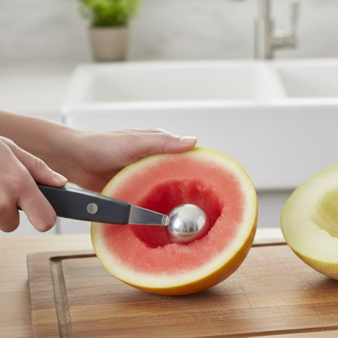 Stainless Steel Double Sided Melon Baller with Black Polypropylene Handle Set of 2- Includes 26mm and 30mm bowls Round Melon Balls Melon Scoop for Watermelon Ice Cream Fruits