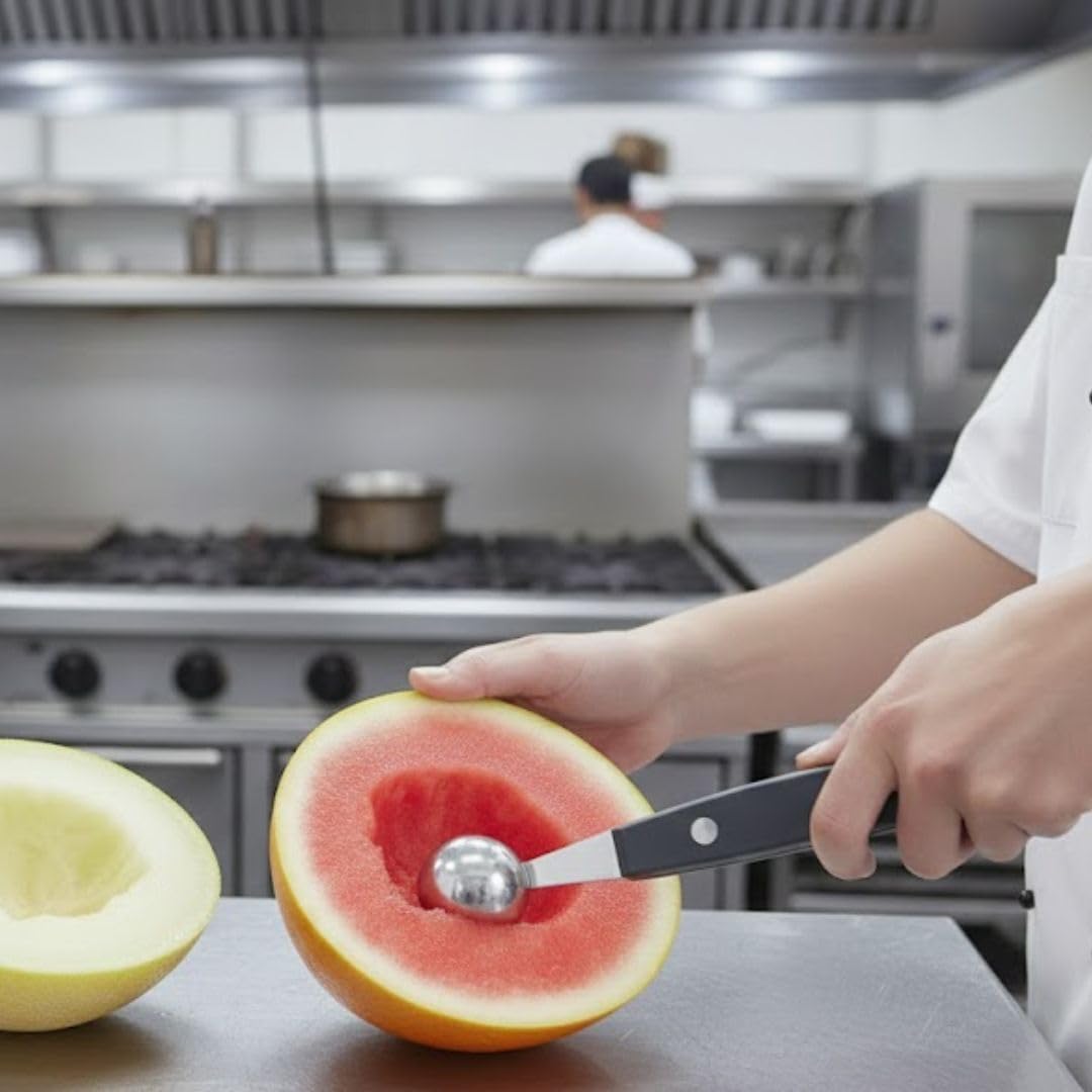 Stainless Steel Double Sided Melon Baller with Black Polypropylene Handle Set of 2- Includes 26mm and 30mm bowls Round Melon Balls Melon Scoop for Watermelon Ice Cream Fruits