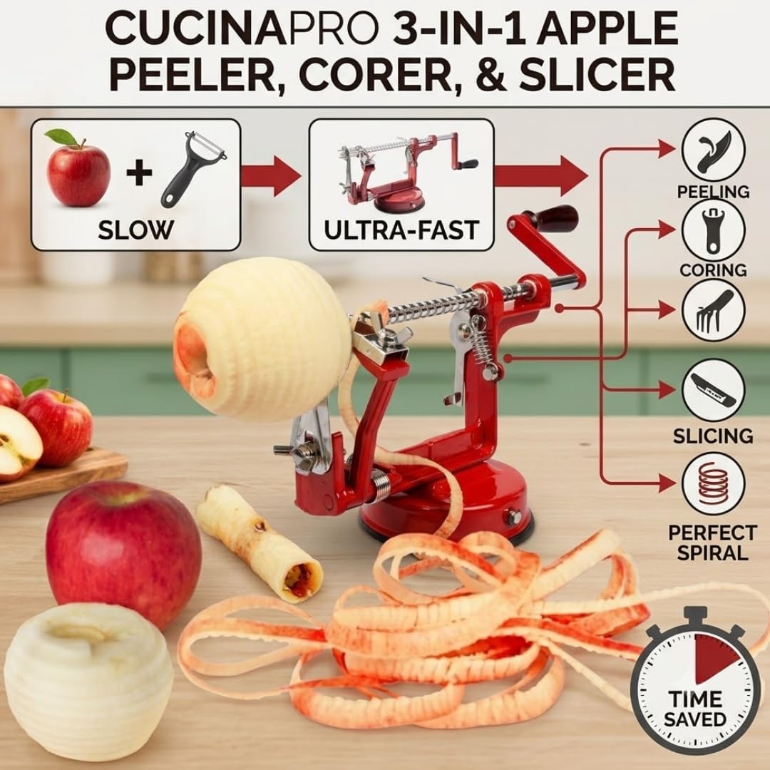 Apple Peeler and Corer, Durable Heavy Duty Chrome Cast Iron, Suction Base