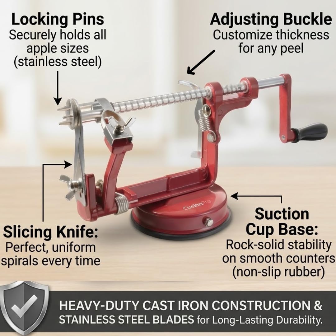 Apple Peeler and Corer, Durable Heavy Duty Chrome Cast Iron, Suction Base