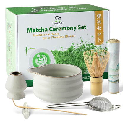 Matcha Whisk Set, 7 Pcs Ceramic Matcha Kit, Include Matcha Bowl, Bamboo Whisk (Chasen), Scoop (Chashaku), Stainless Steel Sifter, Whisk Stand, Scoop Rest, Tea Towel, Matcha Set for Matcha Lovers