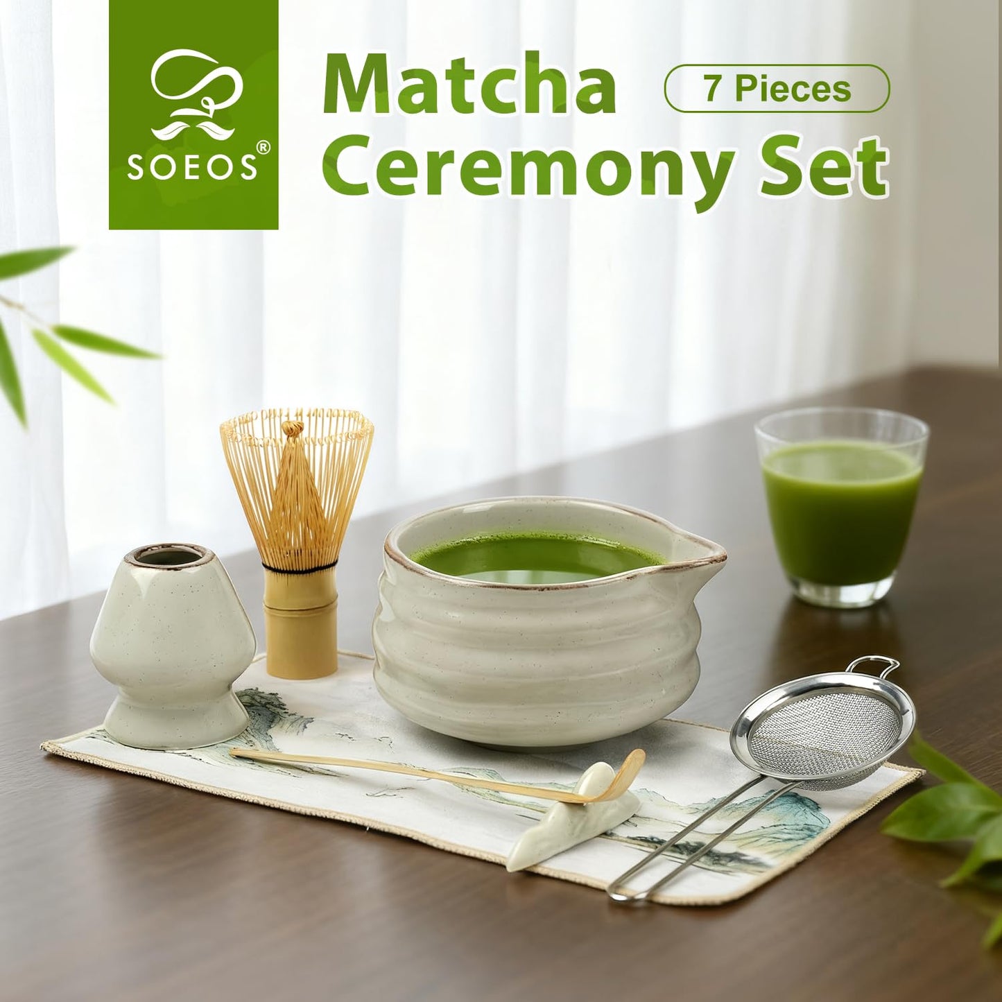 Matcha Whisk Set, 7 Pcs Ceramic Matcha Kit, Include Matcha Bowl, Bamboo Whisk (Chasen), Scoop (Chashaku), Stainless Steel Sifter, Whisk Stand, Scoop Rest, Tea Towel, Matcha Set for Matcha Lovers