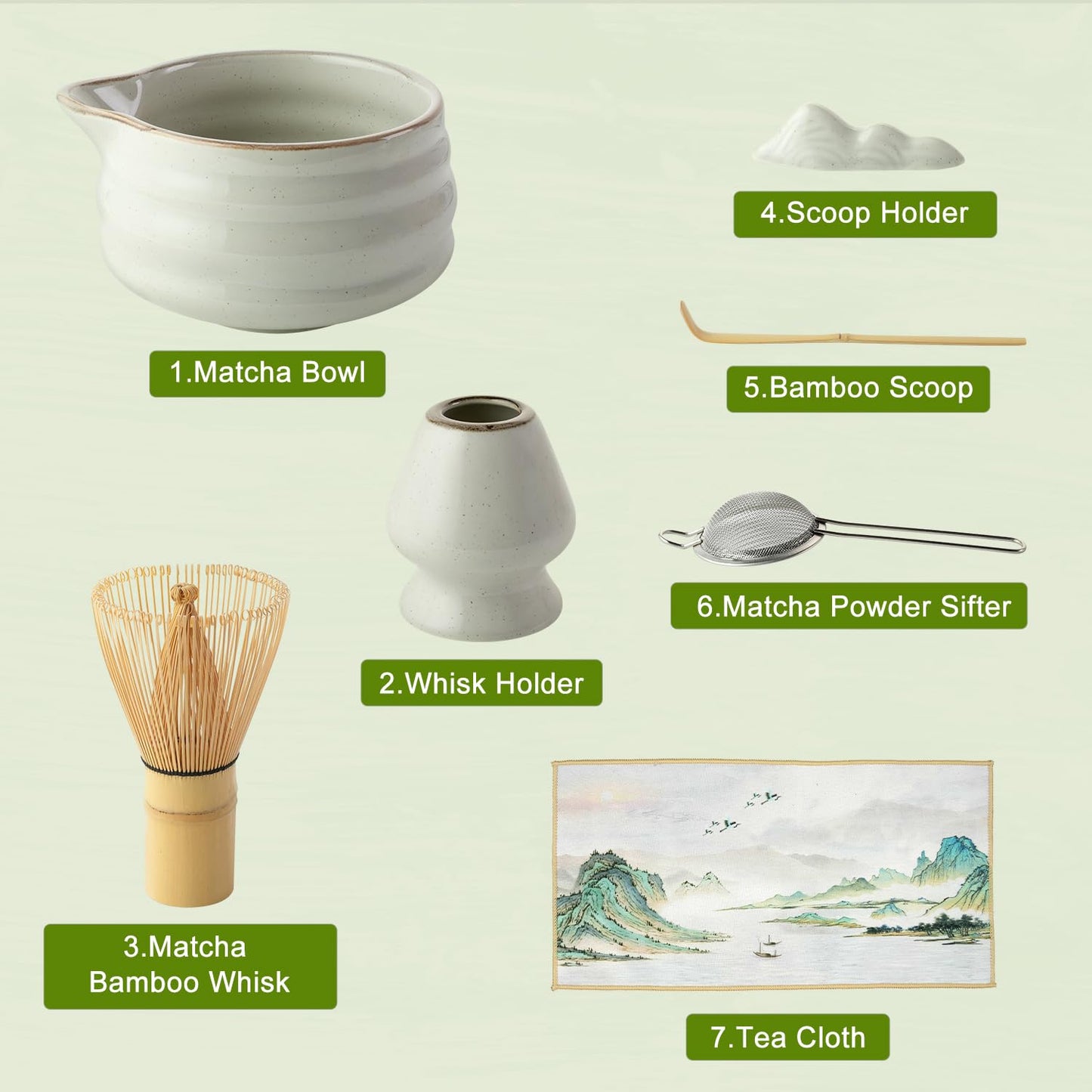 Matcha Whisk Set, 7 Pcs Ceramic Matcha Kit, Include Matcha Bowl, Bamboo Whisk (Chasen), Scoop (Chashaku), Stainless Steel Sifter, Whisk Stand, Scoop Rest, Tea Towel, Matcha Set for Matcha Lovers
