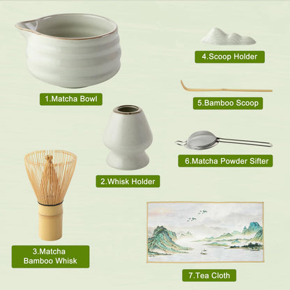 Matcha Whisk Set, 7 Pcs Ceramic Matcha Kit, Include Matcha Bowl, Bamboo Whisk (Chasen), Scoop (Chashaku), Stainless Steel Sifter, Whisk Stand, Scoop Rest, Tea Towel, Matcha Set for Matcha Lovers